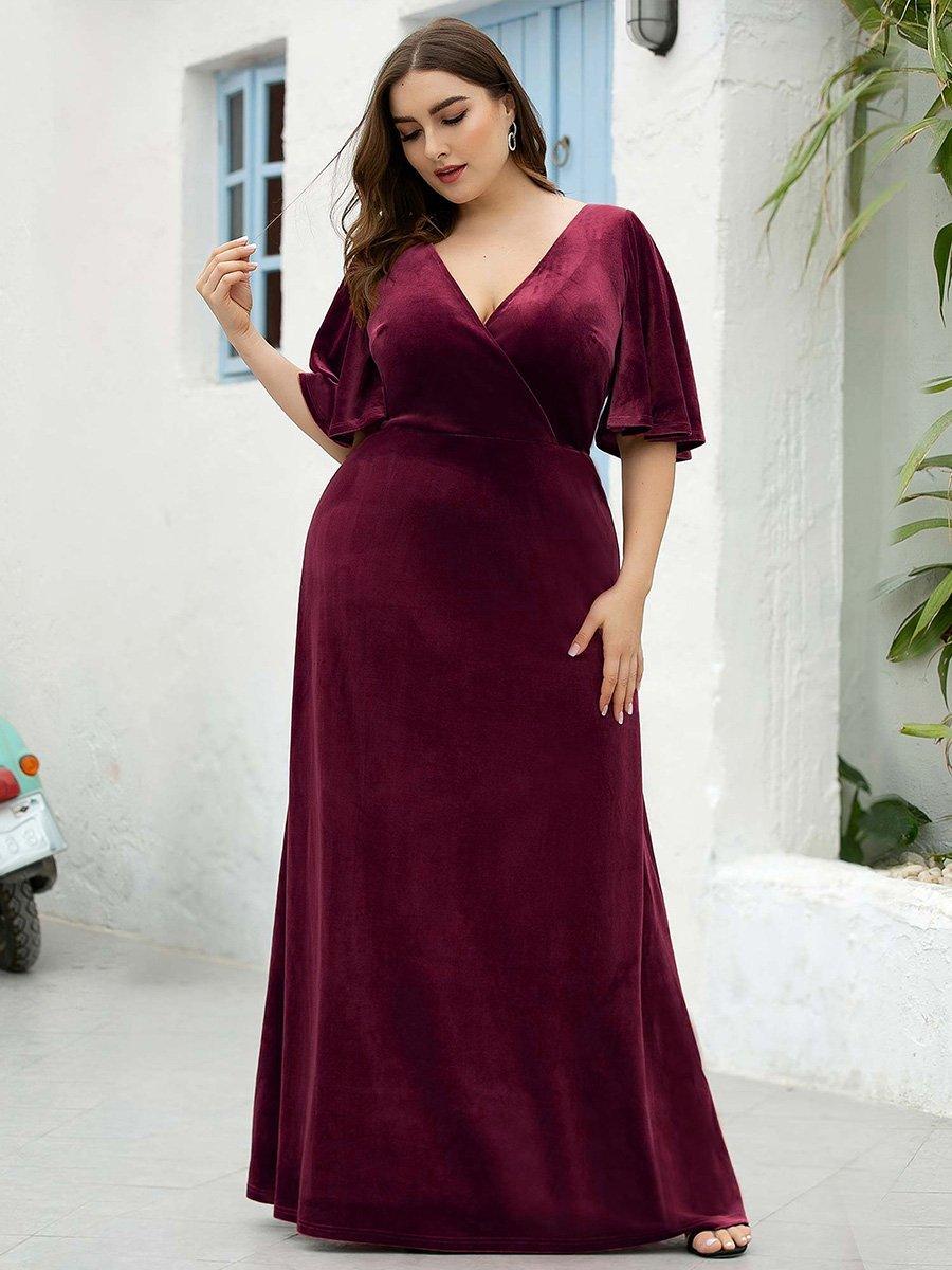 Robe de Soirée Longue élégante en Velours à Col en V Pour Femmes #Couleur_Bordeaux
