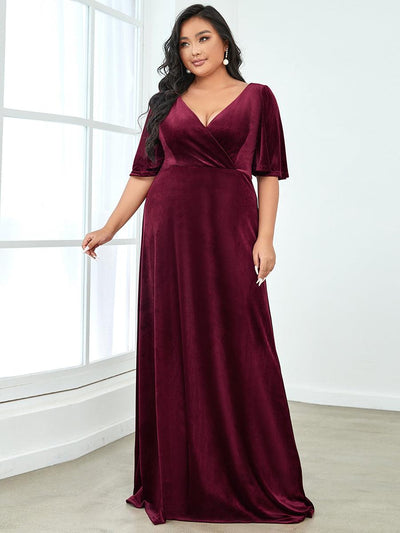 pretty REINE|Robe de Soirée Longue élégante en Velours à Col en V Pour Femmes Grande taille