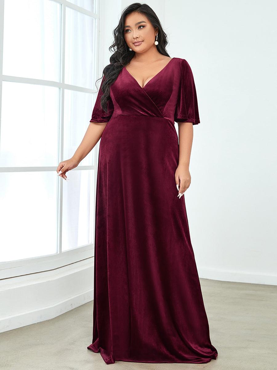 Robe de Soirée Longue élégante en Velours à Col en V Pour Femmes #Couleur_Bordeaux