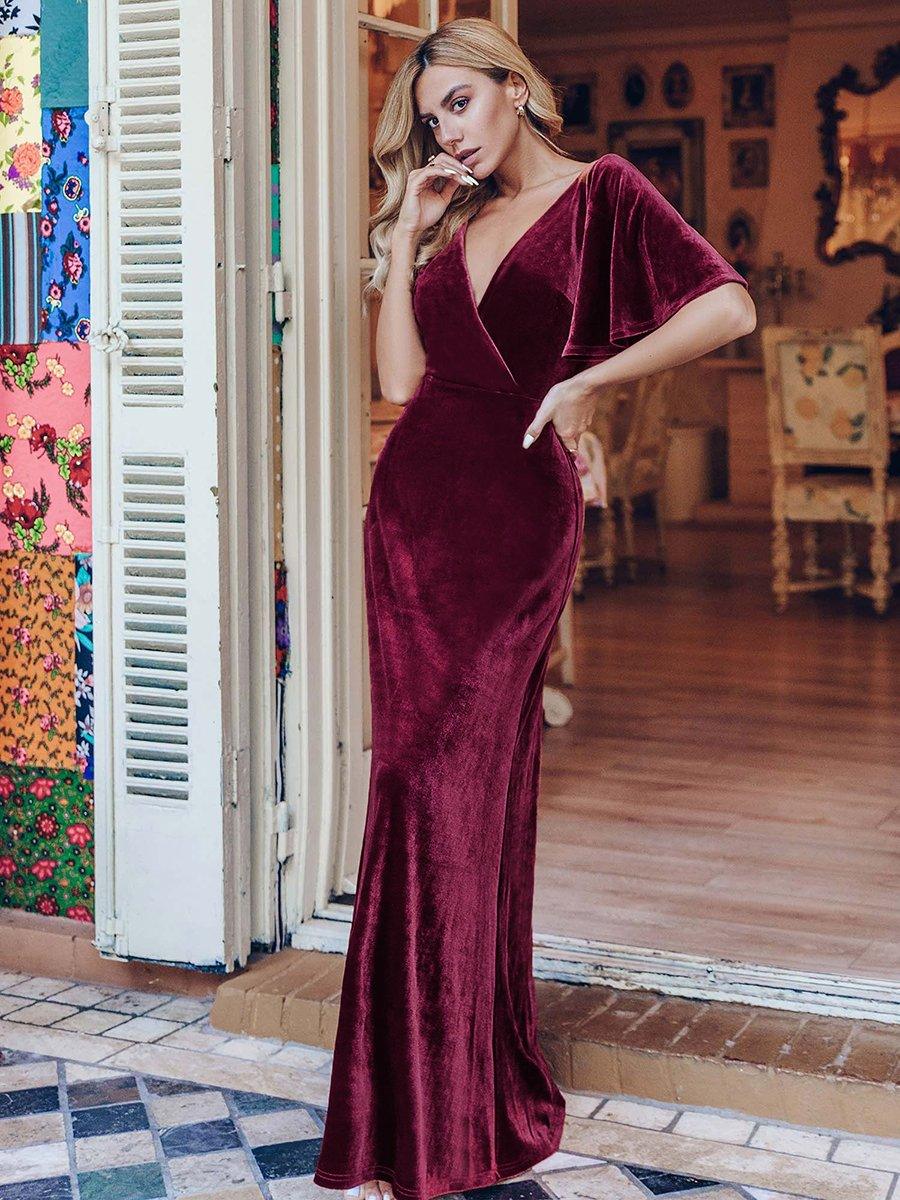Robe de Soirée Longue élégante en Velours à Col en V Pour Femmes #Couleur_Bordeaux