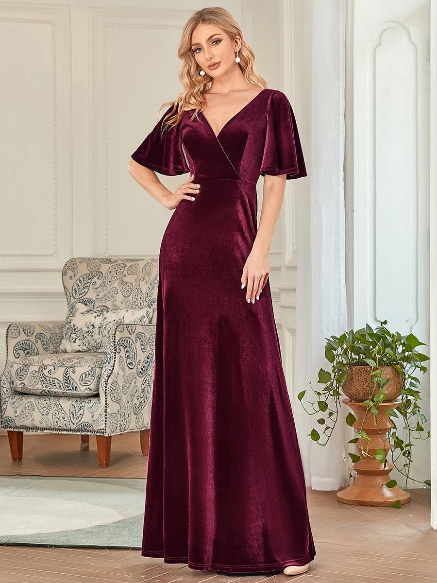 Robe de Soirée Longue élégante en Velours à Col en V Pour Femmes #Couleur_Bordeaux