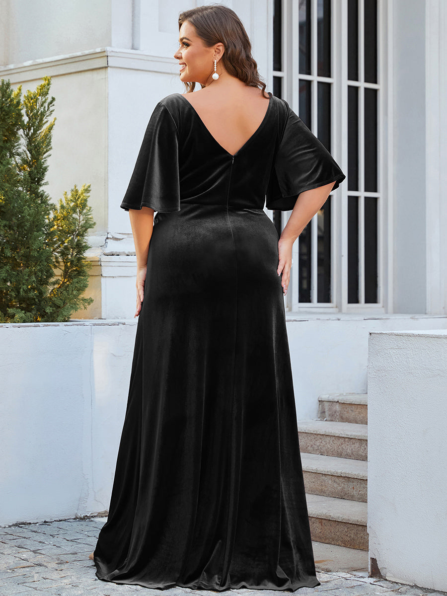 Robe de Soirée Longue élégante en Velours à Col en V Pour Femmes #Couleur_Noir