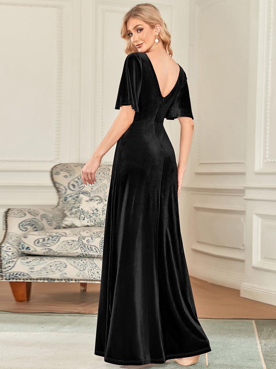 Robe de Soirée Longue élégante en Velours à Col en V Pour Femmes #Couleur_Noir