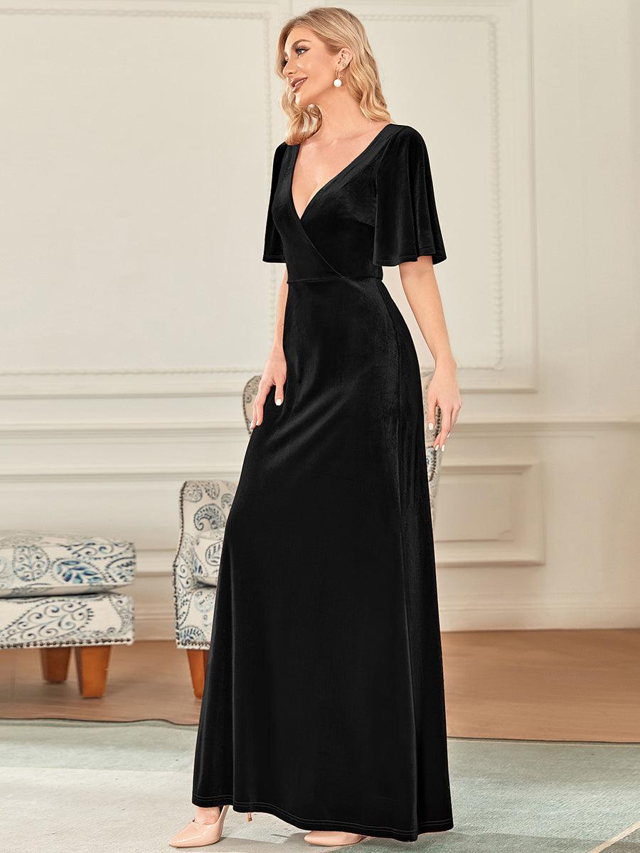 Robe de Soirée Longue élégante en Velours à Col en V Pour Femmes #Couleur_Noir