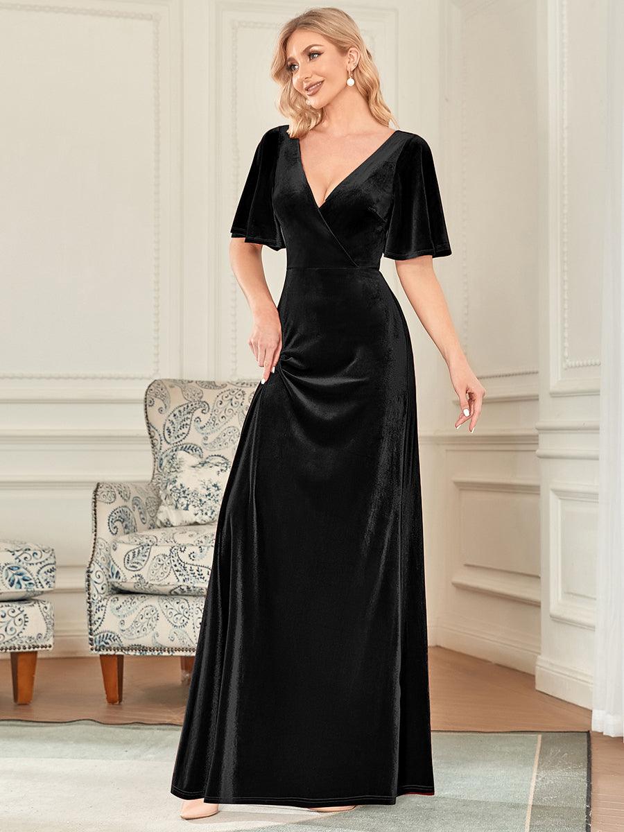 Robe de Soirée Longue élégante en Velours à Col en V Pour Femmes #Couleur_Noir