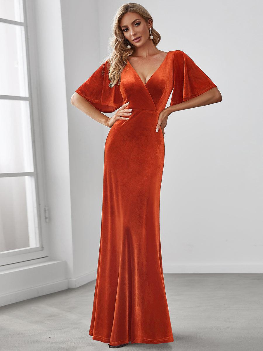 Robe de Soirée Longue élégante en Velours à Col en V Pour Femmes #Couleur_Burnt Orange