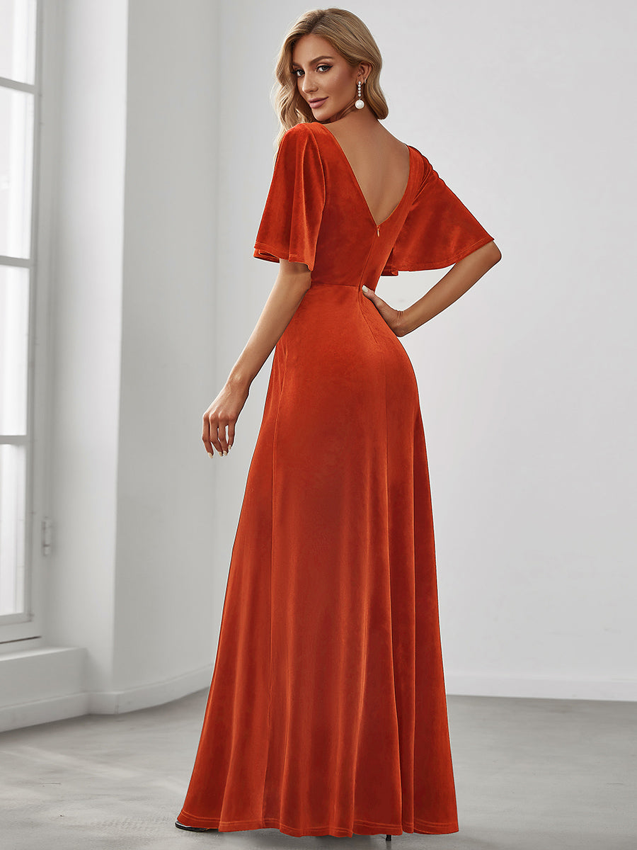 Robe de Soirée Longue élégante en Velours à Col en V Pour Femmes #Couleur_Burnt Orange