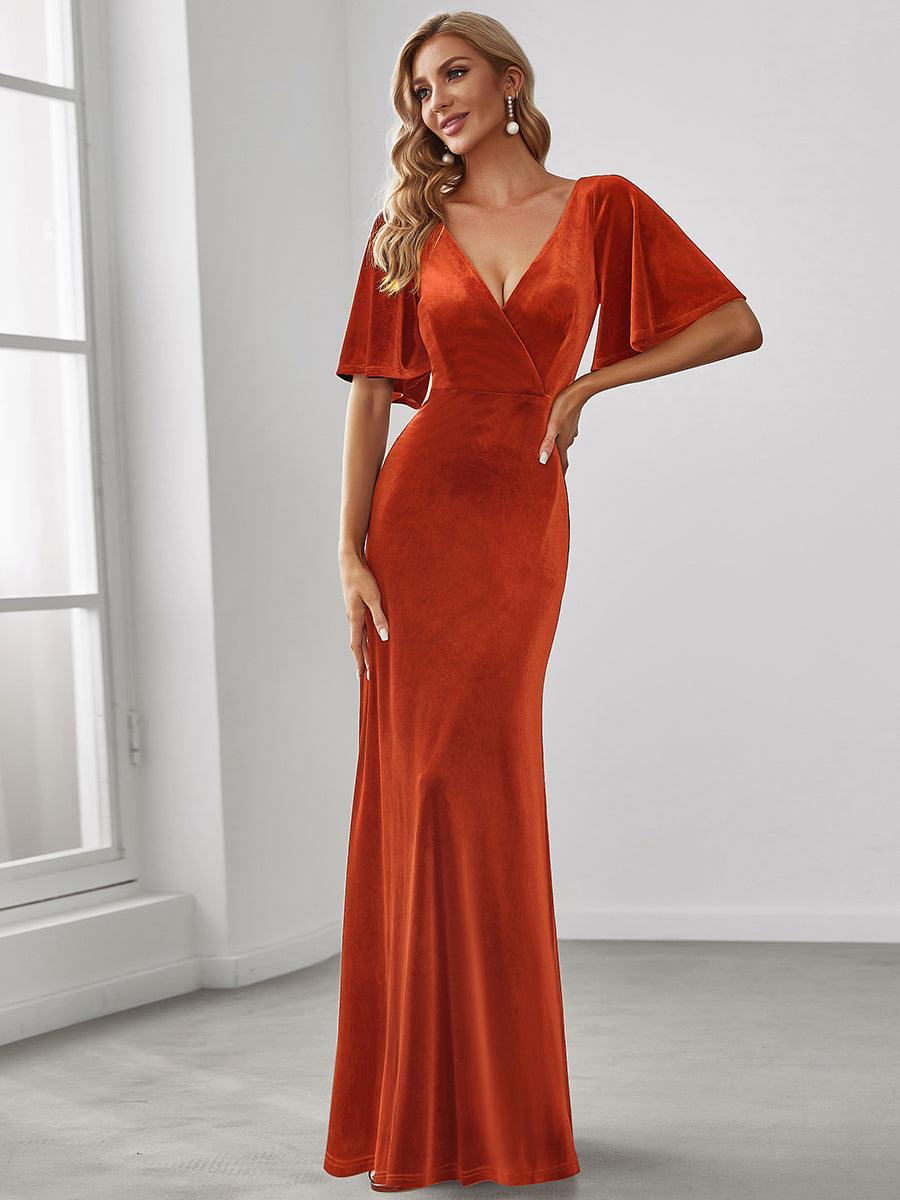 Robe de Soirée Longue élégante en Velours à Col en V Pour Femmes #Couleur_Burnt Orange