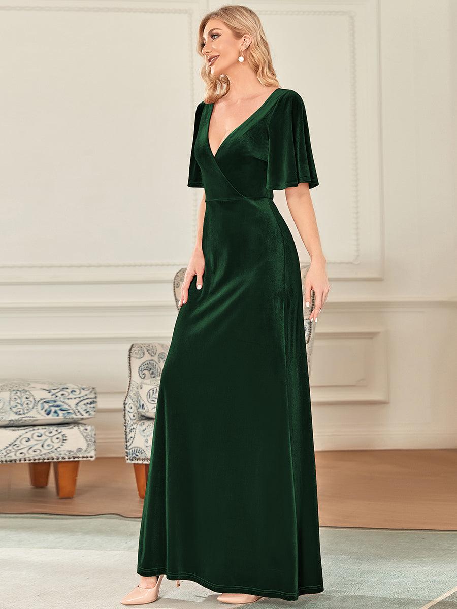 Robe de Soirée Longue élégante en Velours à Col en V Pour Femmes #Couleur_Vert Fonce