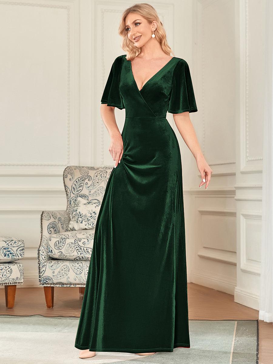 Robe de Soirée Longue élégante en Velours à Col en V Pour Femmes #Couleur_Vert Fonce