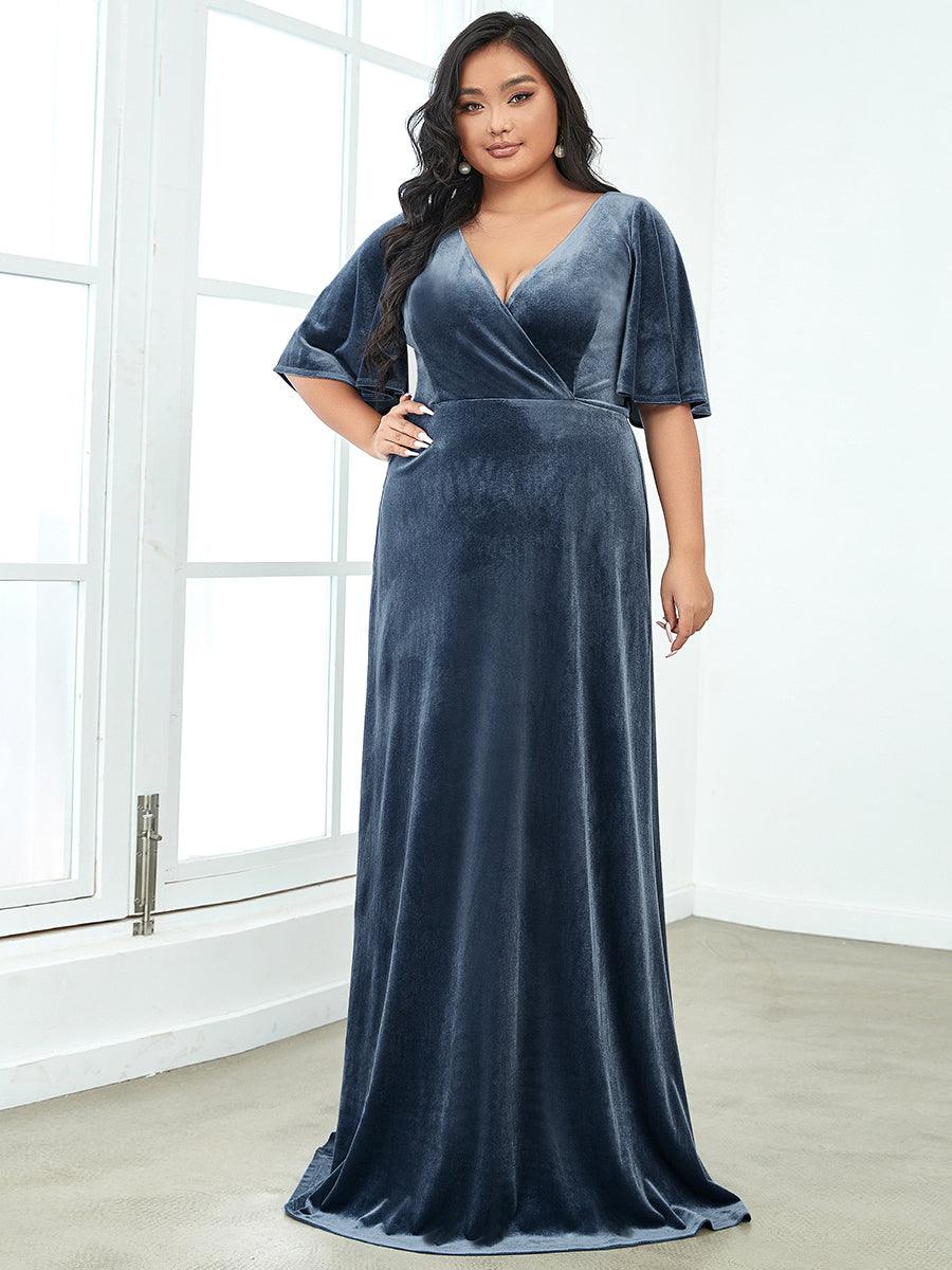 Robe de Soirée Longue élégante en Velours à Col en V Pour Femmes #Couleur_Marine Fume