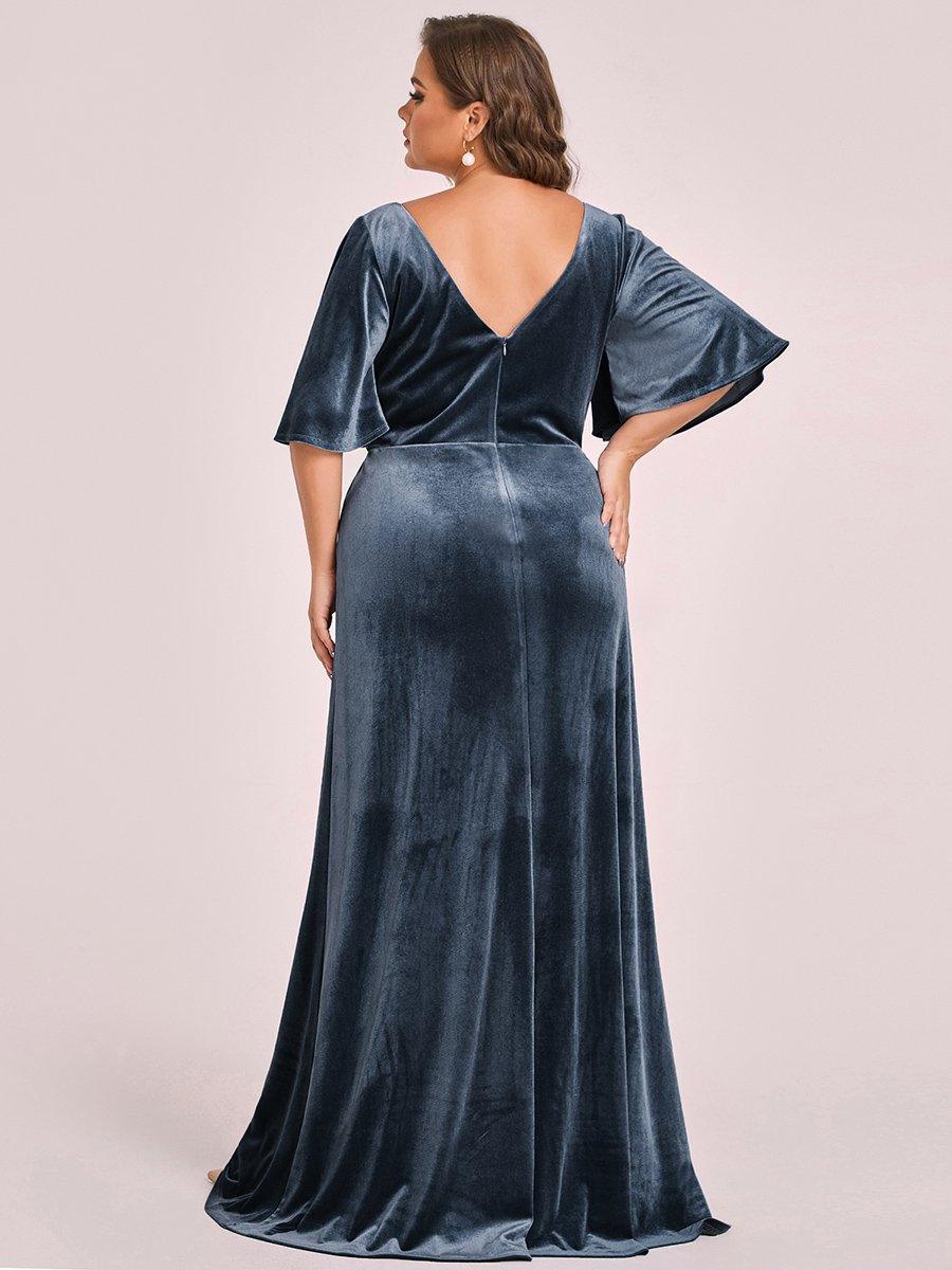 Robe de Soirée Longue élégante en Velours à Col en V Pour Femmes #Couleur_Marine Fume