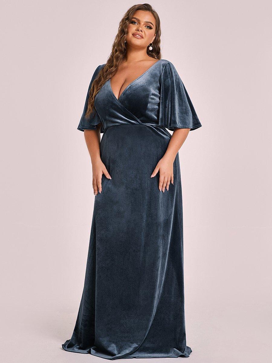 Robe de Soirée Longue élégante en Velours à Col en V Pour Femmes #Couleur_Marine Fume