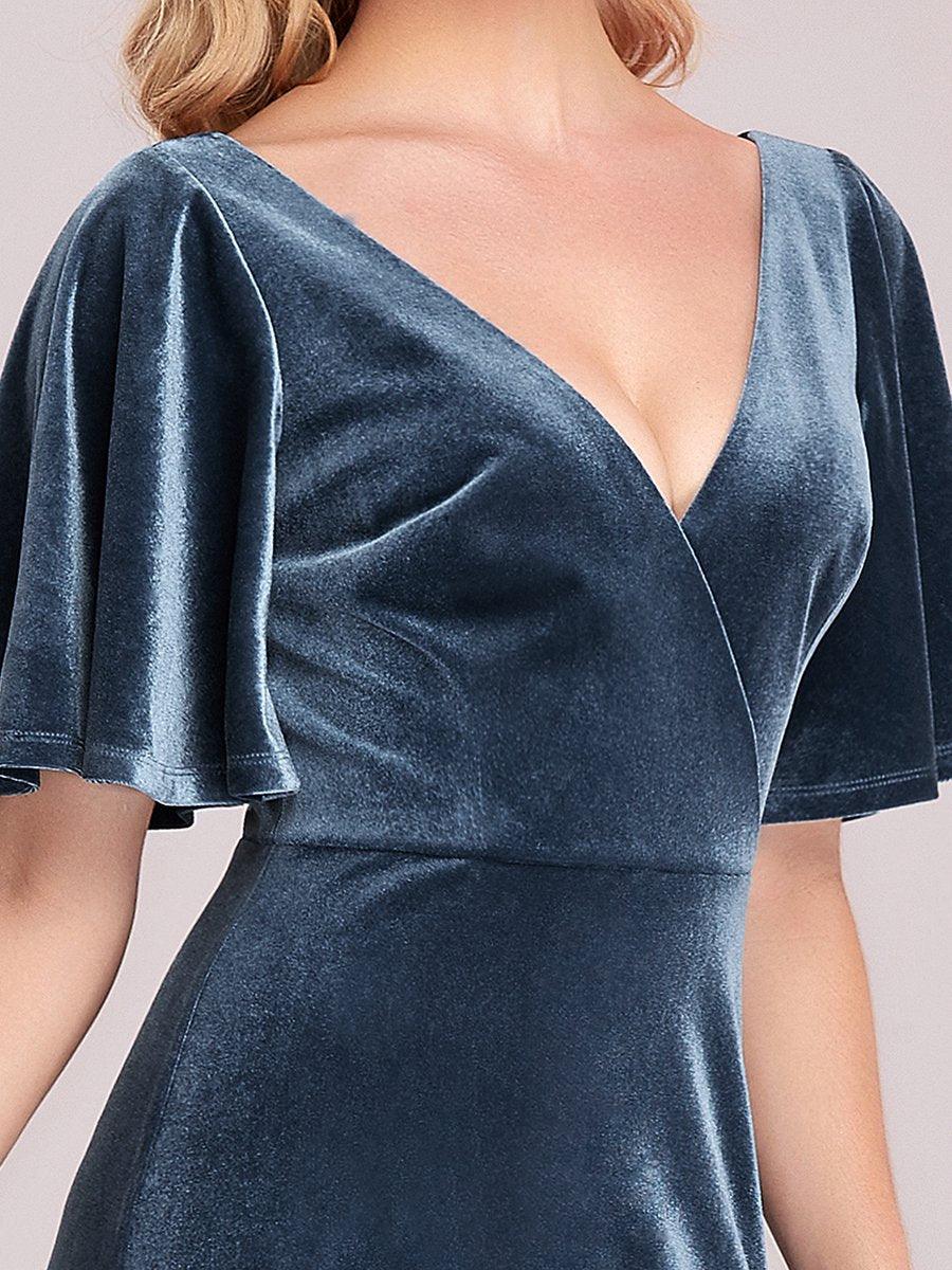 Robe de Soirée Longue élégante en Velours à Col en V Pour Femmes #Couleur_Marine Fume