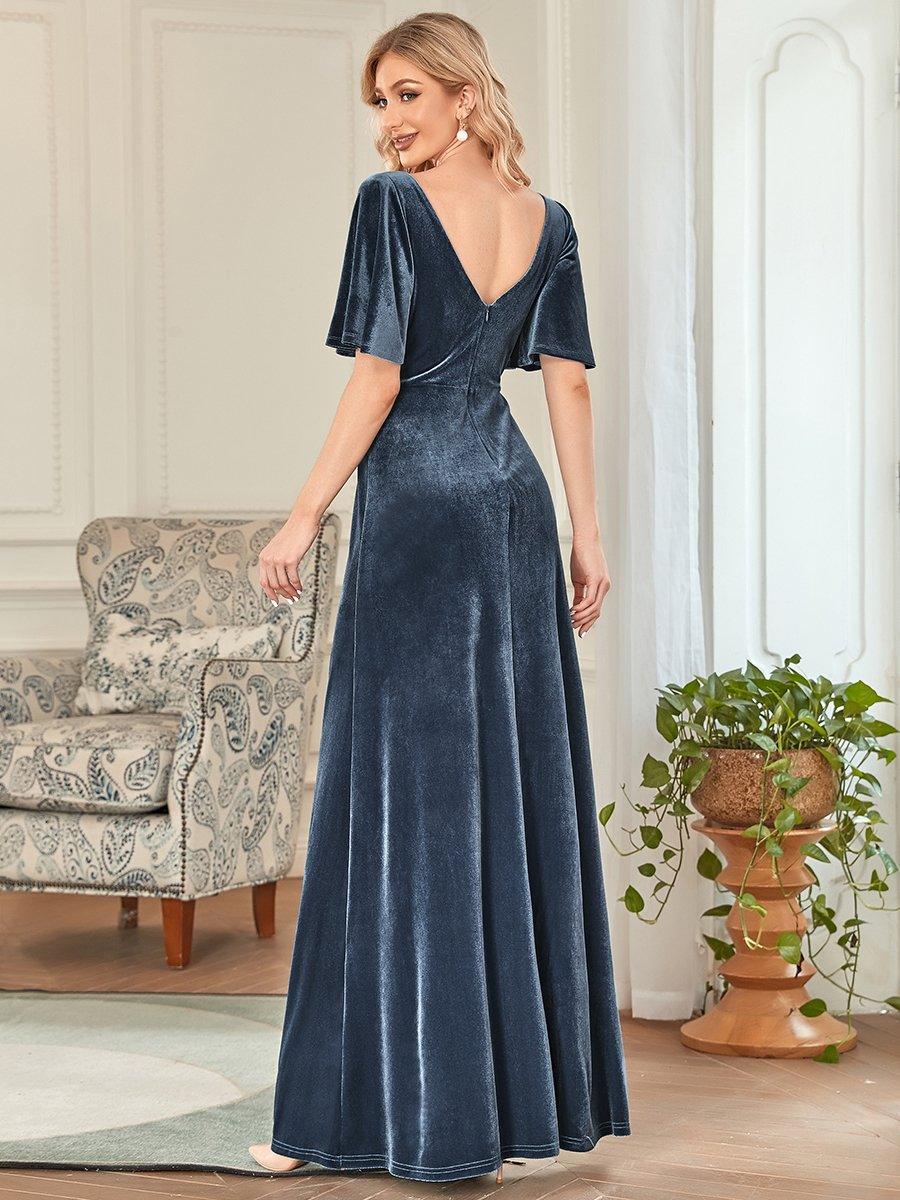 Robe de Soirée Longue élégante en Velours à Col en V Pour Femmes #Couleur_Marine Fume