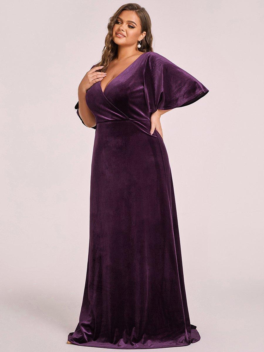 Robe de Soirée Longue élégante en Velours à Col en V Pour Femmes #Couleur_Violet Fonce