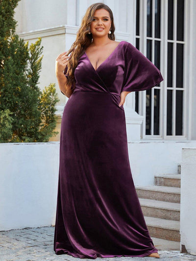 pretty REINE|Robe de Soirée Longue élégante en Velours à Col en V Pour Femmes Grande taille
