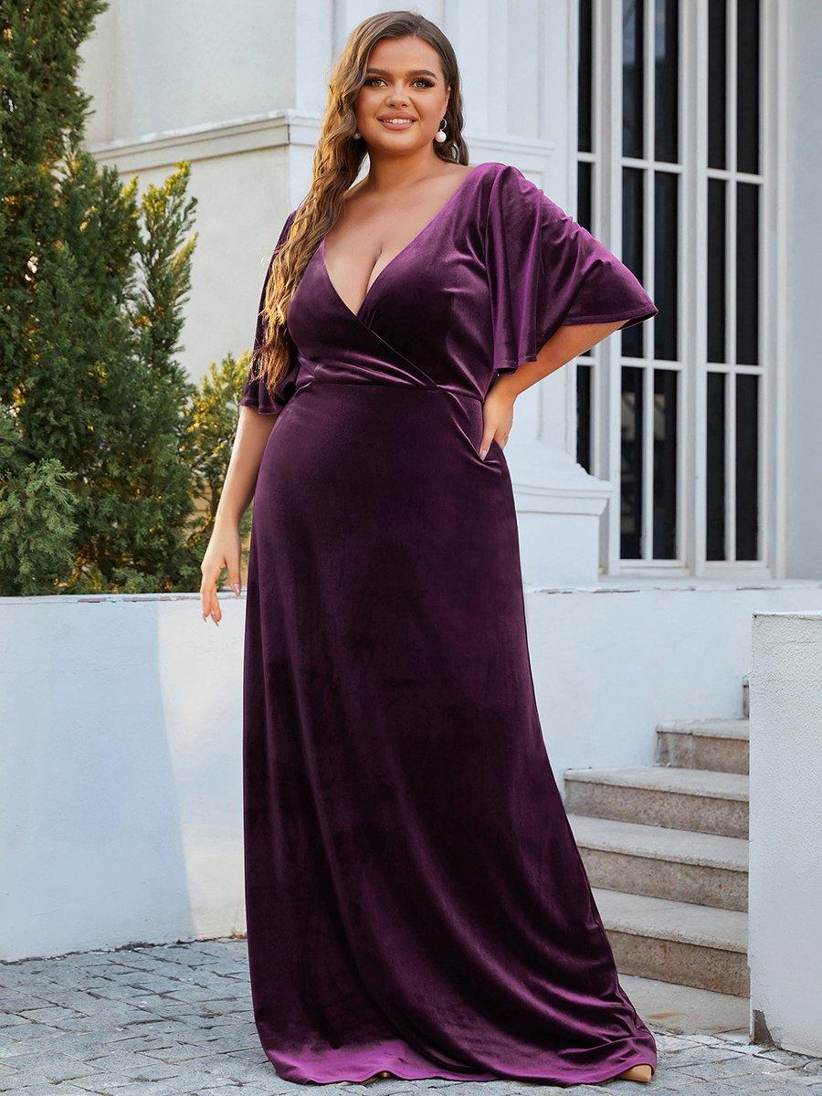 Robe de Soirée Longue élégante en Velours à Col en V Pour Femmes Grande taille