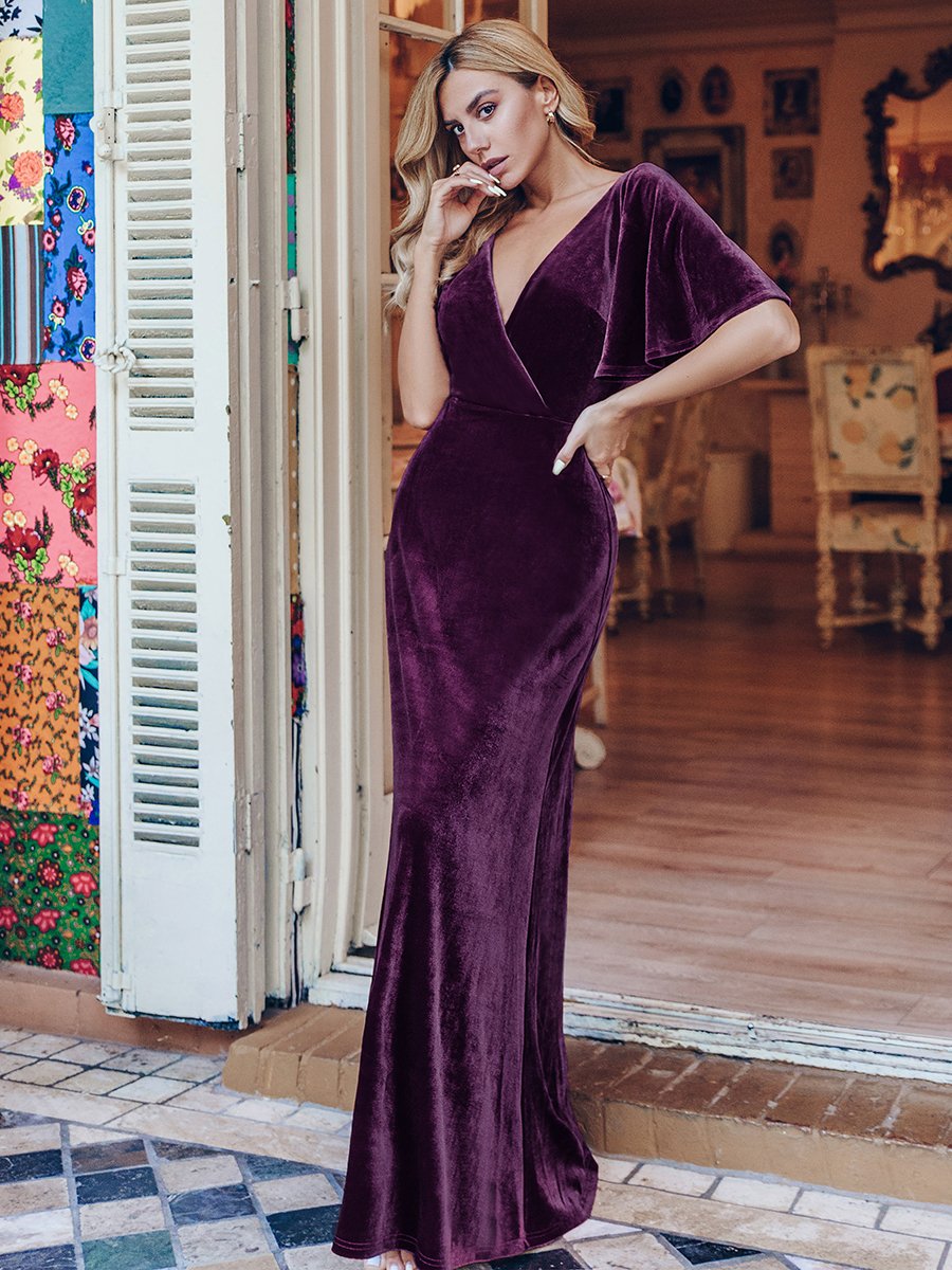 Robe de Soirée Longue élégante en Velours à Col en V Pour Femmes #Couleur_Violet Fonce