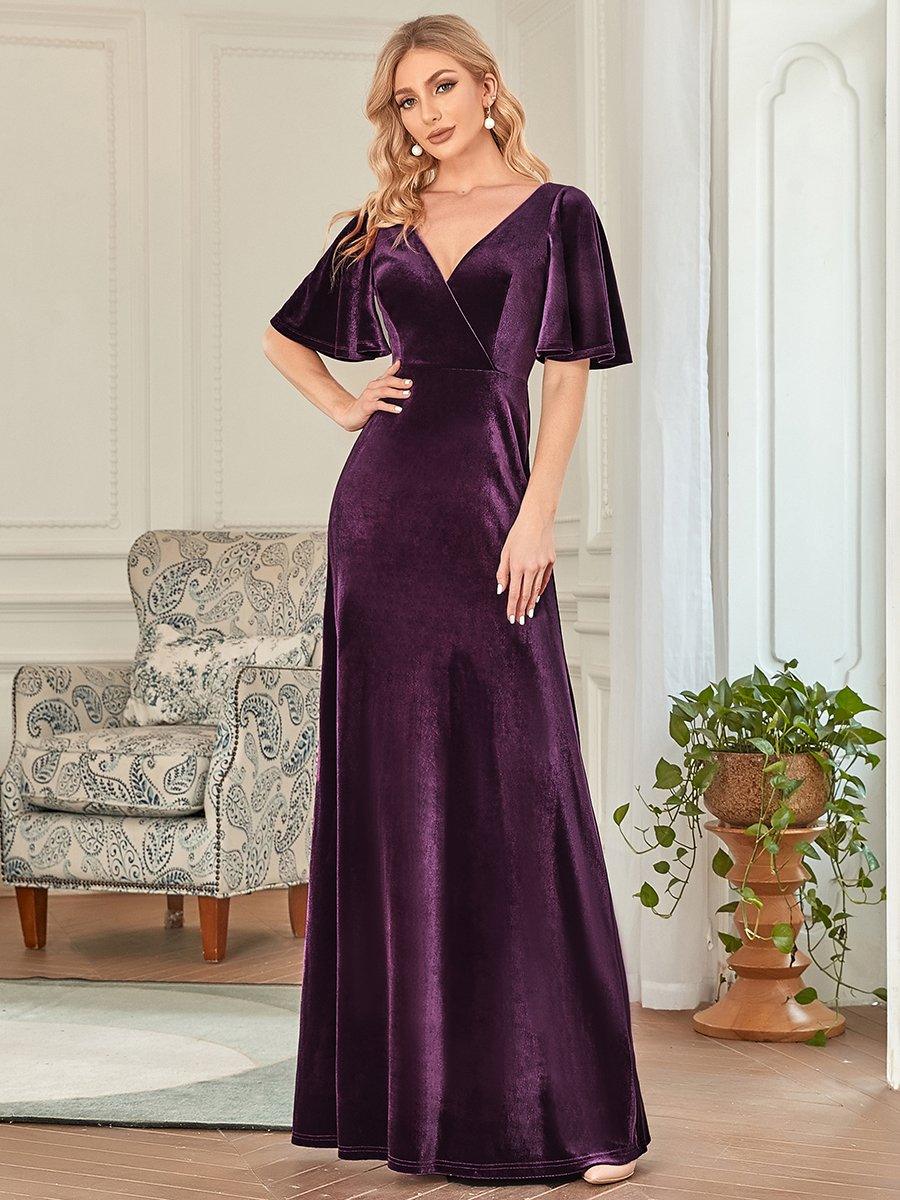 Robe de Soirée Longue élégante en Velours à Col en V Pour Femmes #Couleur_Violet Fonce