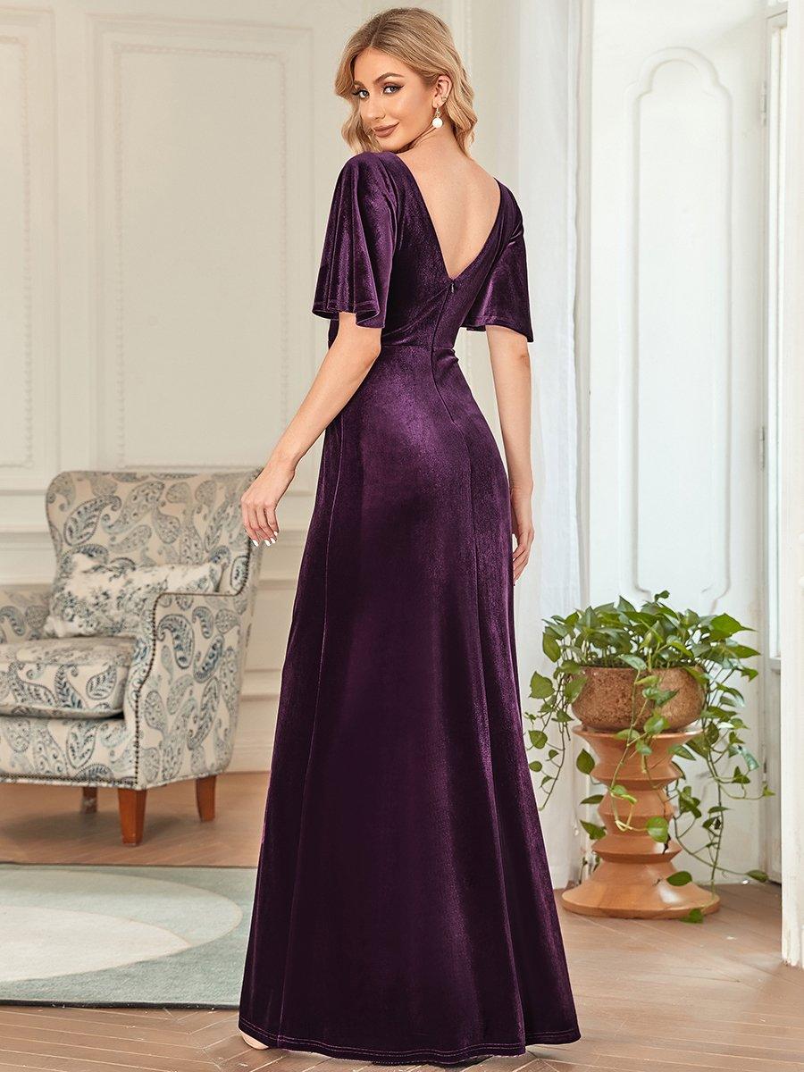 Robe de Soirée Longue élégante en Velours à Col en V Pour Femmes #Couleur_Violet Fonce