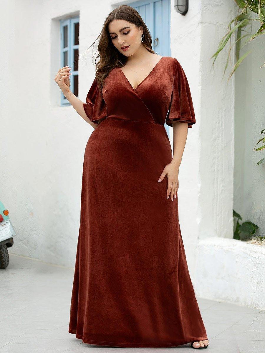 Robe de Soirée Longue élégante en Velours à Col en V Pour Femmes #Couleur_Rouge Brique