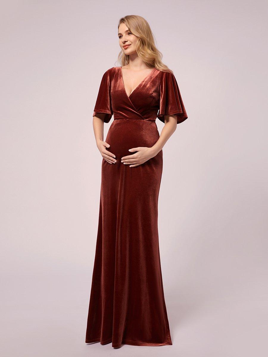 élégantes Robes De Maternité En Velours à Col En V #Couleur_Rouge Brique