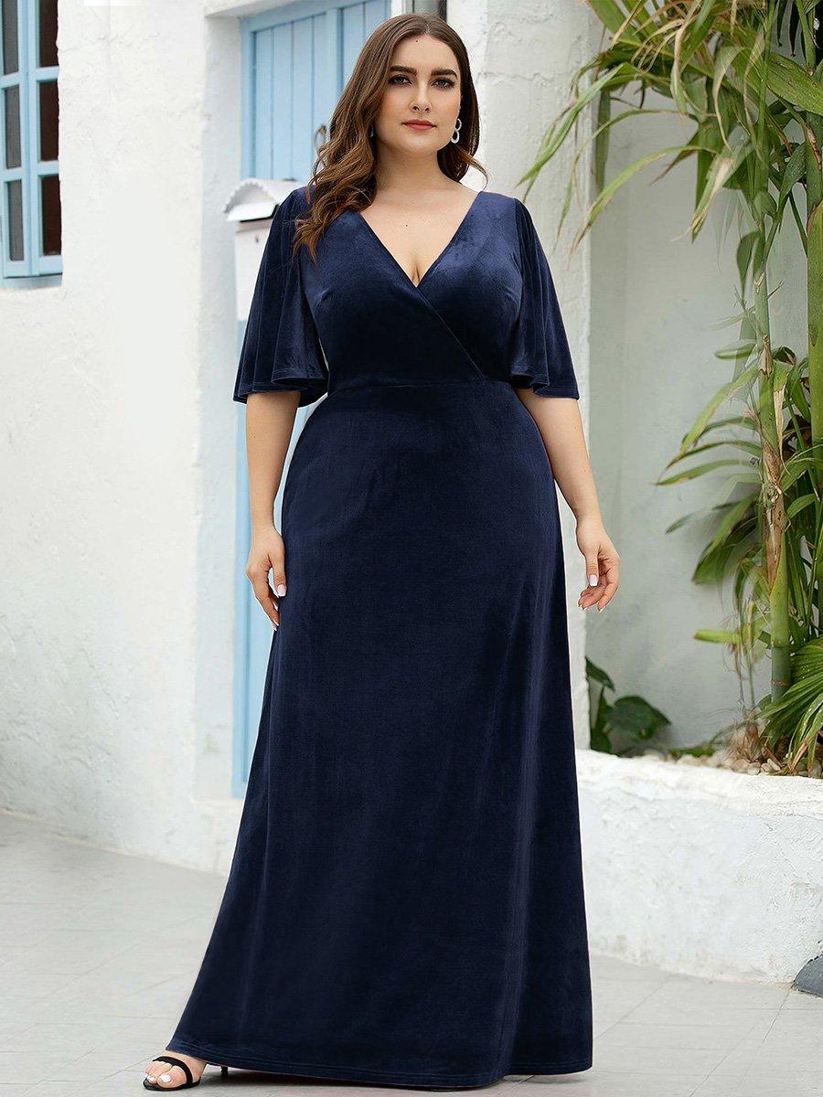Robe de Soirée Longue élégante en Velours à Col en V Pour Femmes #Couleur_Bleu Marine