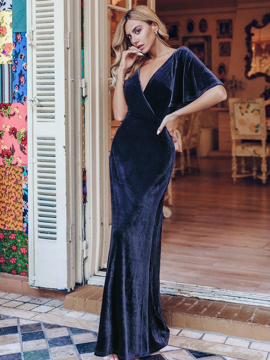  Robe de Soirée Longue élégante en Velours à Col en V Pour Femmes#Couleur_Bleu Marine