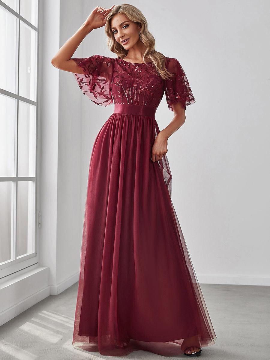 Taille personnalisée Robes de soirée brodées à manches courtes pour femmes #Couleur_Bordeaux