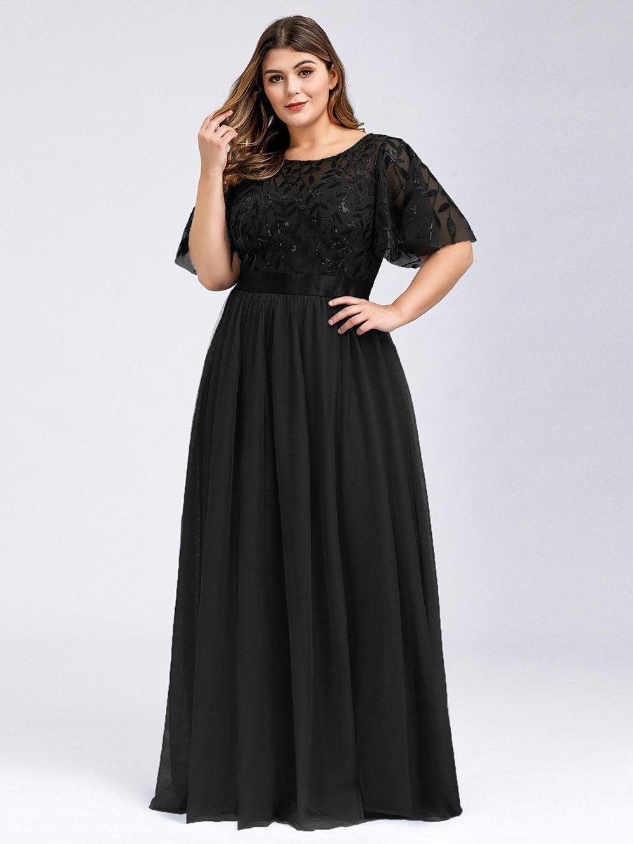 Taille personnalisée Robes de soirée brodées à manches courtes pour femmes #Couleur_Noir