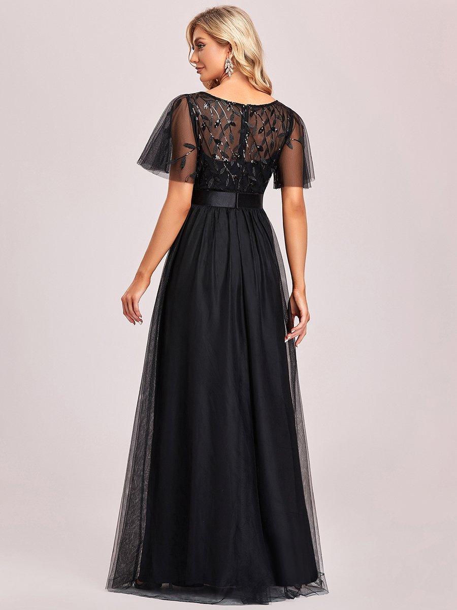 Taille personnalisée Robes de soirée brodées à manches courtes pour femmes #Couleur_Noir
