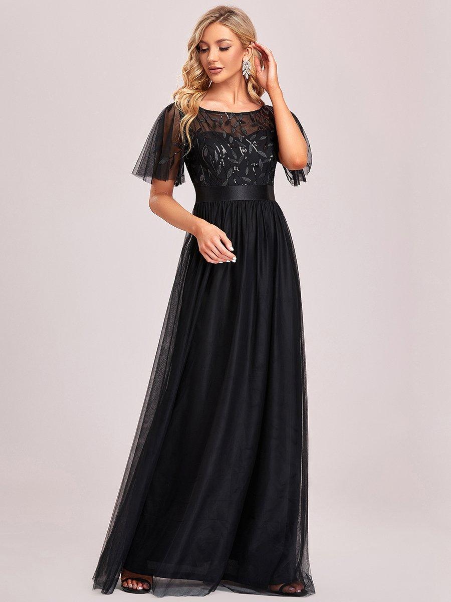 Taille personnalisée Robes de soirée brodées à manches courtes pour femmes #Couleur_Noir