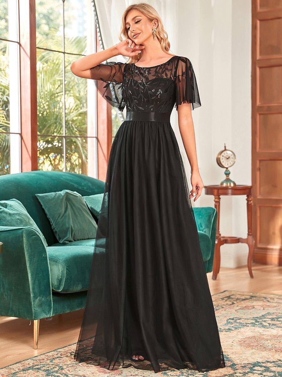 Taille personnalisée Robes de soirée brodées à manches courtes pour femmes #Couleur_Noir