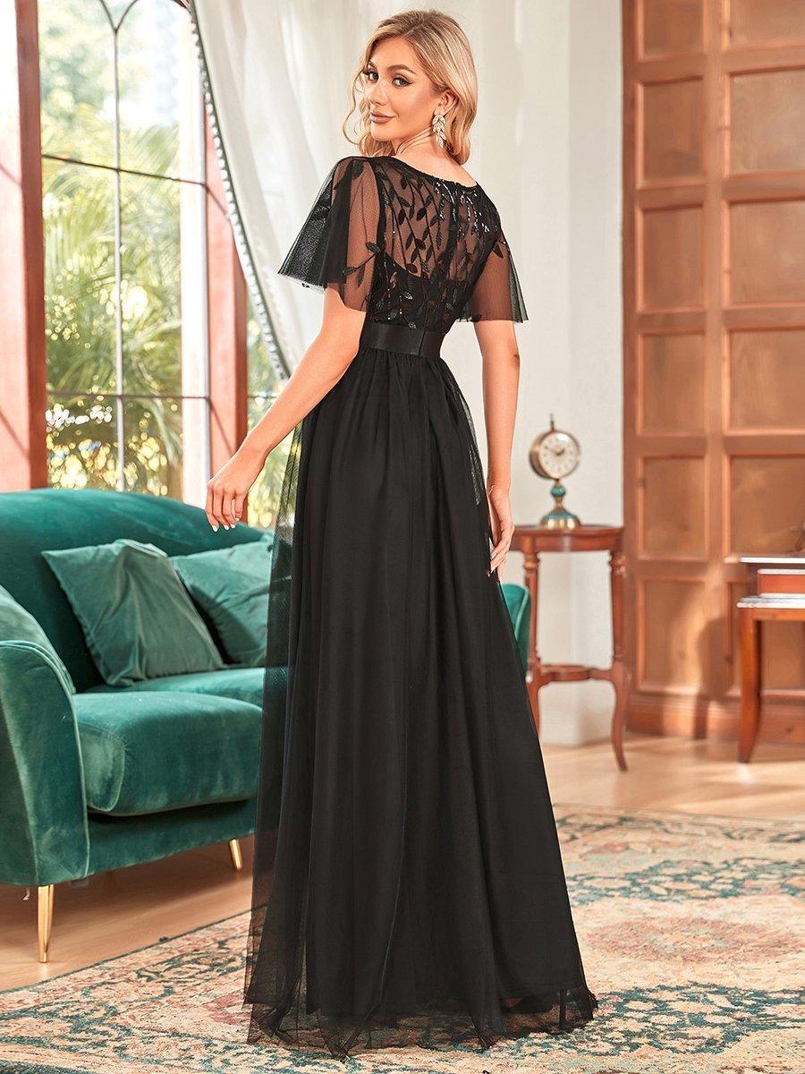 Taille personnalisée Robes de soirée brodées à manches courtes pour femmes #Couleur_Noir