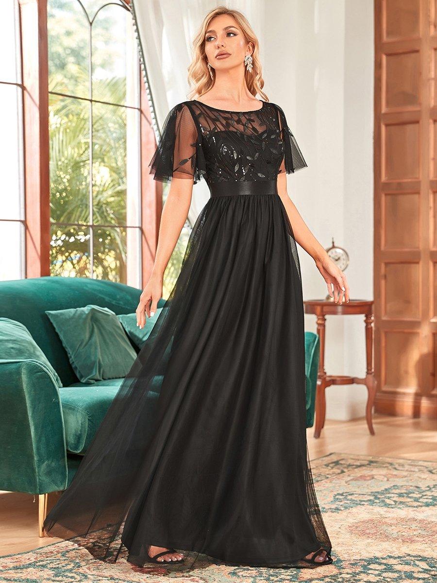 Taille personnalisée Robes de soirée brodées à manches courtes pour femmes #Couleur_Noir