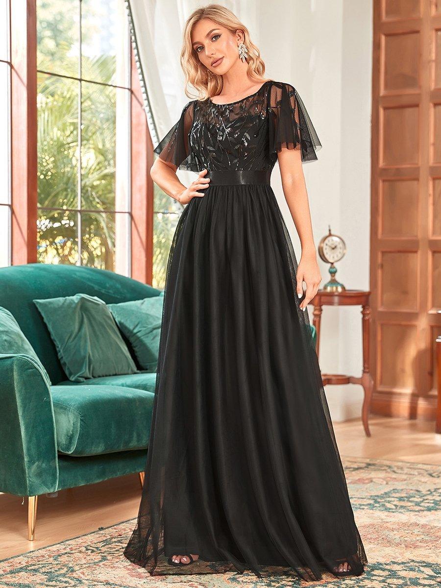 Taille personnalisée Robes de soirée brodées à manches courtes pour femmes #Couleur_Noir
