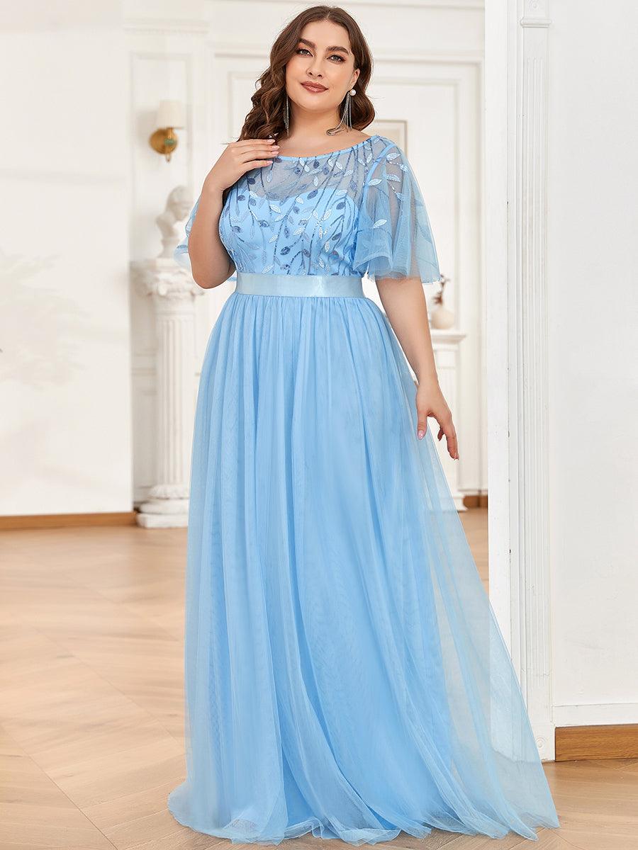 Taille personnalisée Robes de soirée brodées à manches courtes pour femmes #Couleur_Bleu Ciel