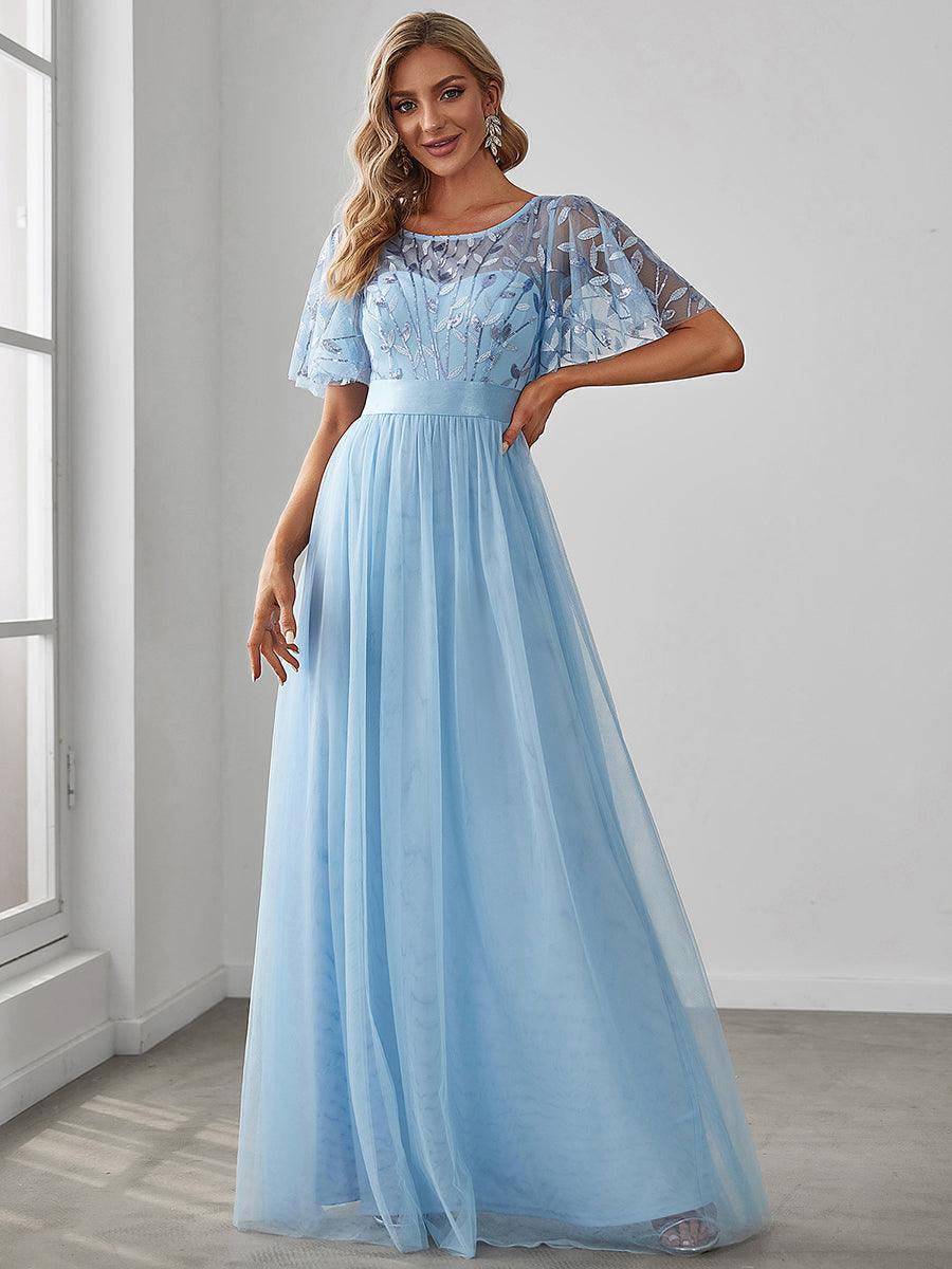 Taille personnalisée Robes de soirée brodées à manches courtes pour femmes #Couleur_Bleu Ciel