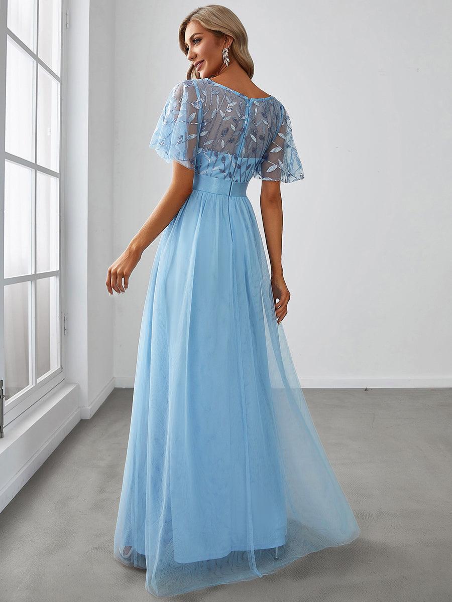 Taille personnalisée Robes de soirée brodées à manches courtes pour femmes #Couleur_Bleu Ciel