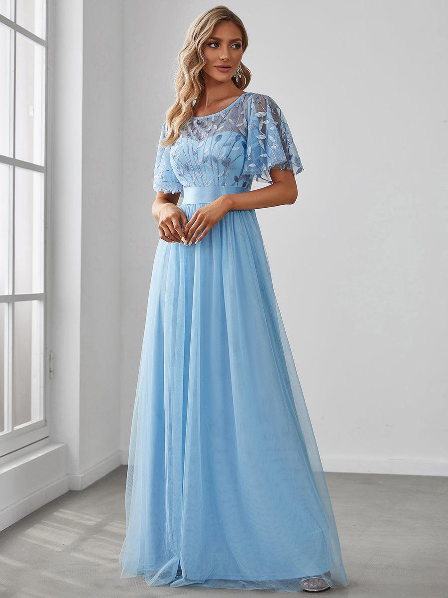 Taille personnalisée Robes de soirée brodées à manches courtes pour femmes #Couleur_Bleu Ciel