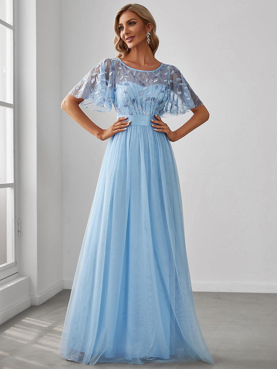 Taille personnalisée Robes de soirée brodées à manches courtes pour femmes #Couleur_Bleu Ciel