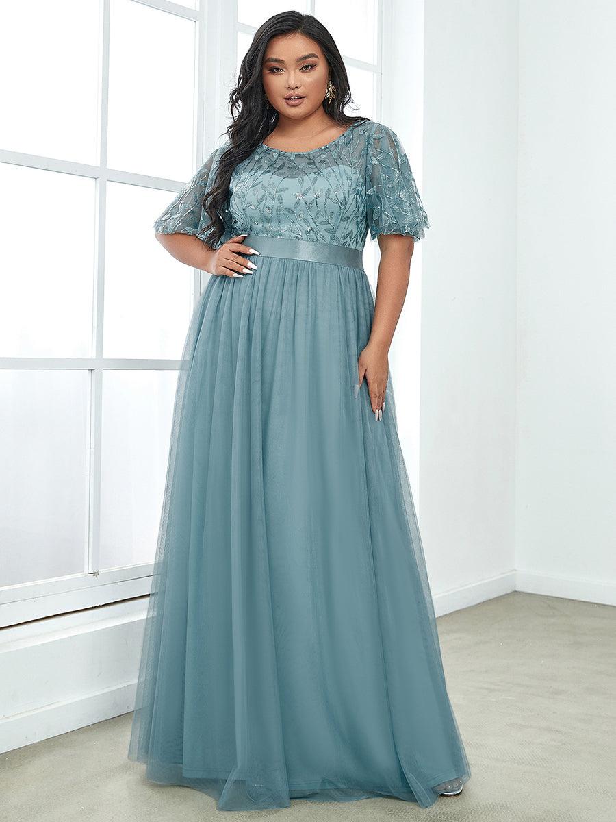 Taille personnalisée Robes de soirée brodées à manches courtes pour femmes #Couleur_Bleu Fume