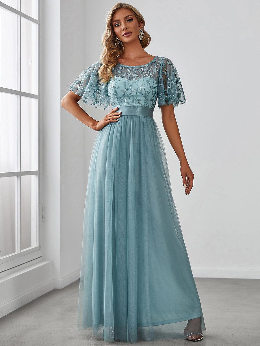 Taille personnalisée Robes de soirée brodées à manches courtes pour femmes #Couleur_Bleu Fume