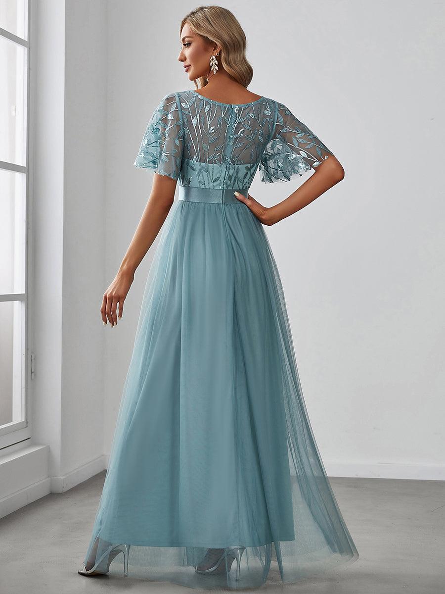 Taille personnalisée Robes de soirée brodées à manches courtes pour femmes #Couleur_Bleu Fume