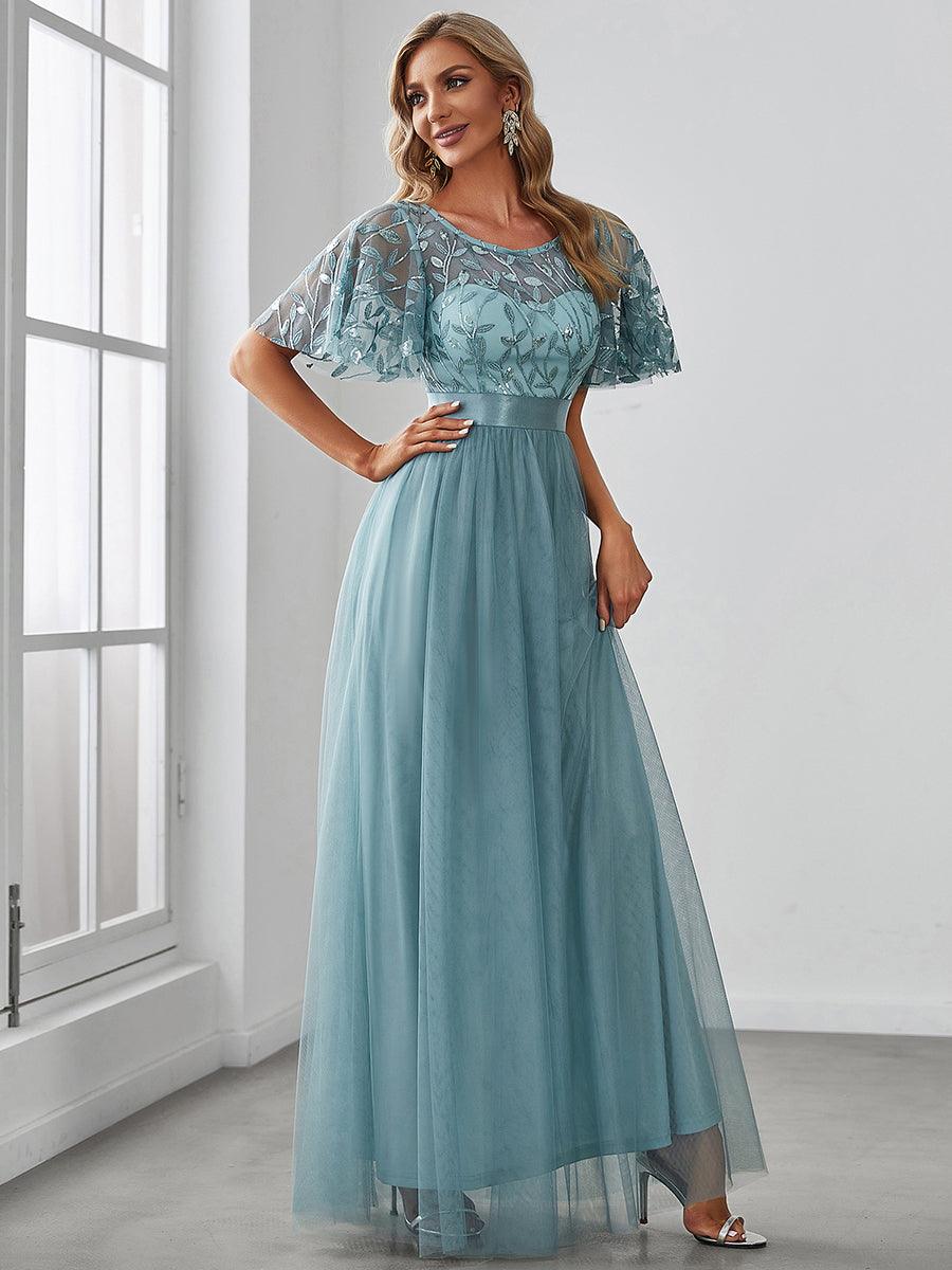 Taille personnalisée Robes de soirée brodées à manches courtes pour femmes #Couleur_Bleu Fume