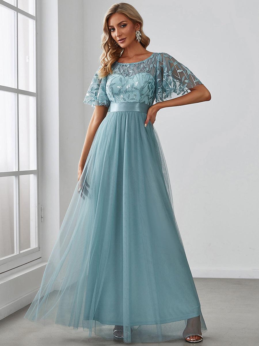 Taille personnalisée Robes de soirée brodées à manches courtes pour femmes #Couleur_Bleu Fume