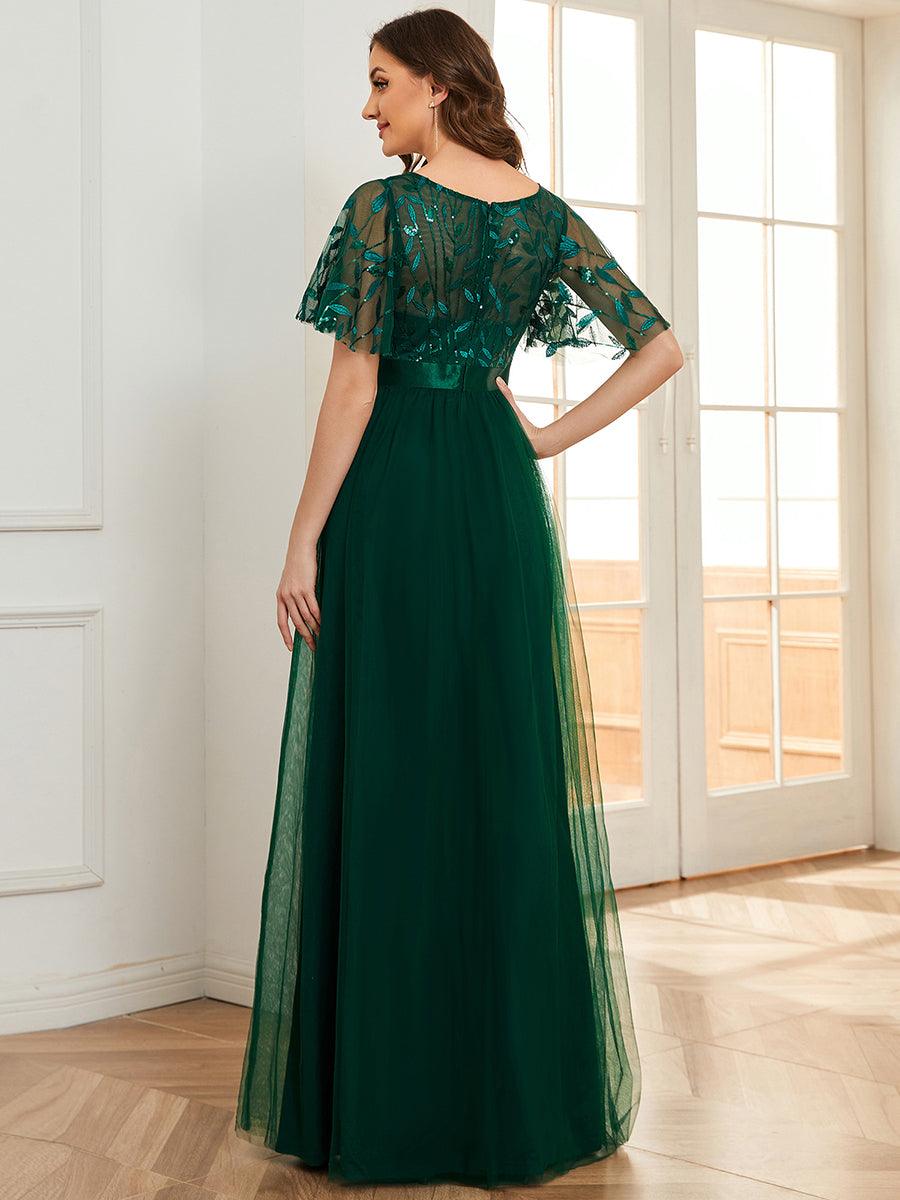 Taille personnalisée Robes de soirée brodées à manches courtes pour femmes #Couleur_Vert Fonce