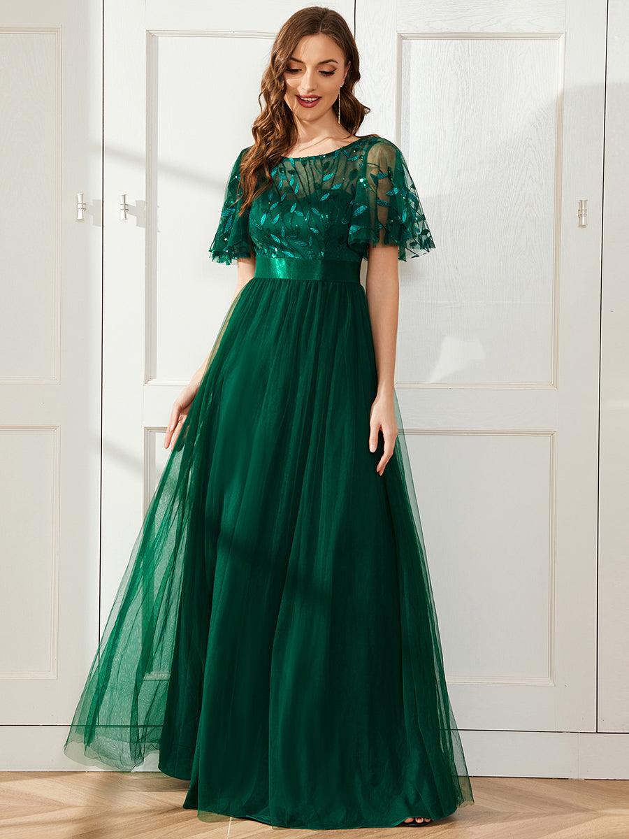Taille personnalisée Robes de soirée brodées à manches courtes pour femmes #Couleur_Vert Fonce