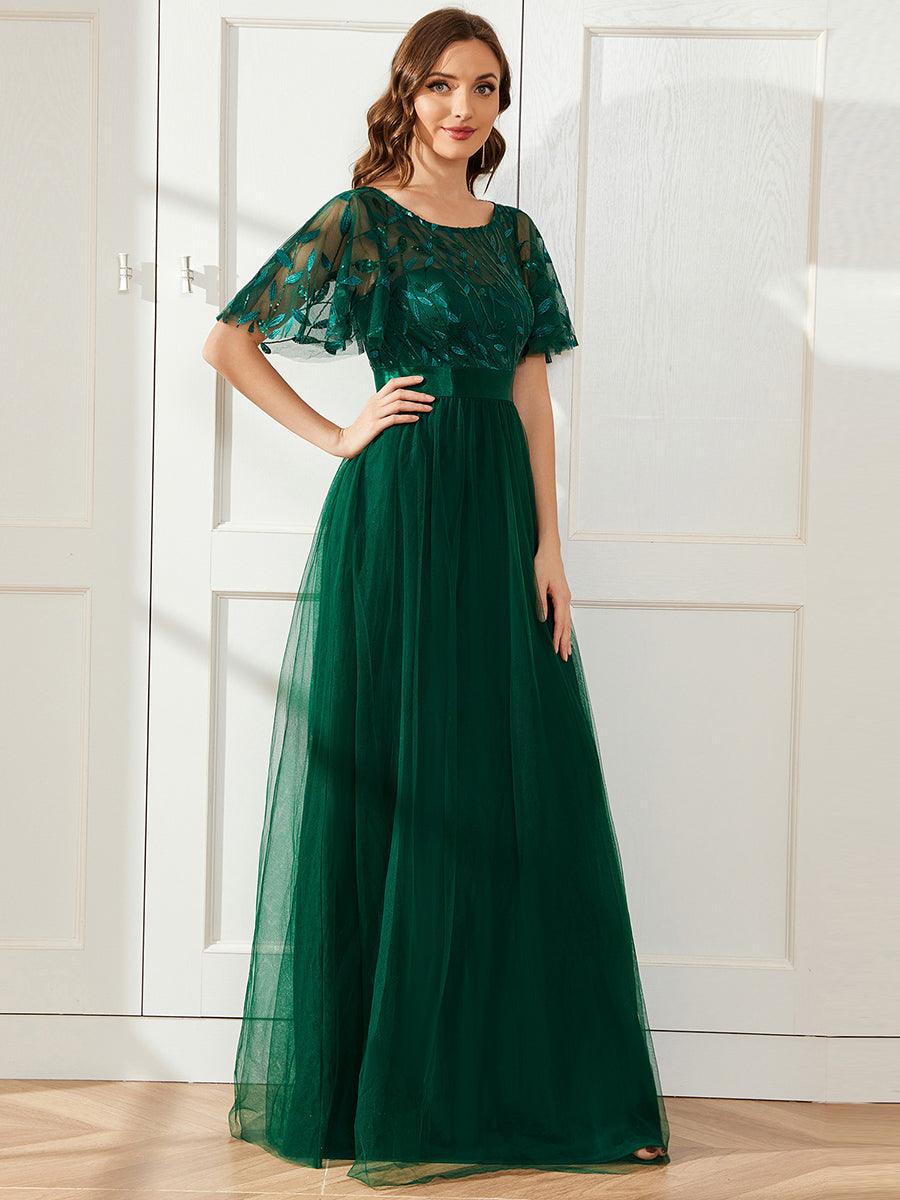 Taille personnalisée Robes de soirée brodées à manches courtes pour femmes #Couleur_Vert Fonce